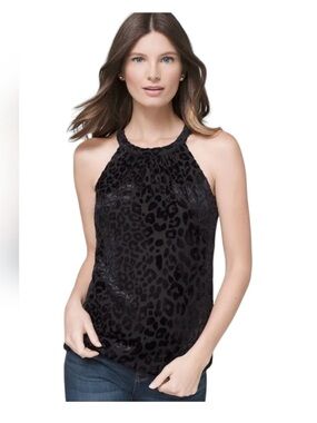 White House Black Market Leopard Print Velvet Halter Top size XXS Black